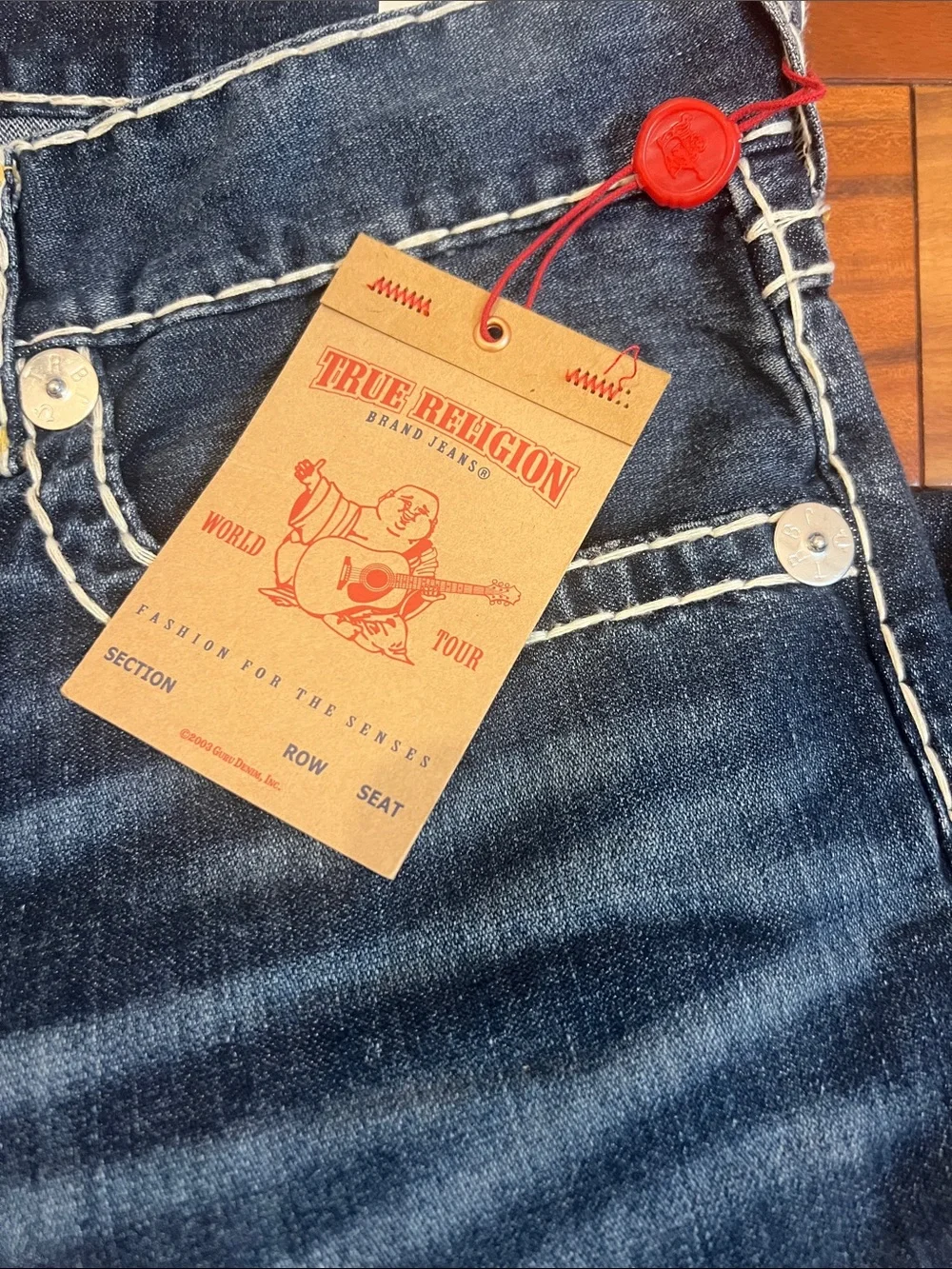 True Religion Ricky Straight Leg Dark Blue Denim Jeans with Contrast Stitching